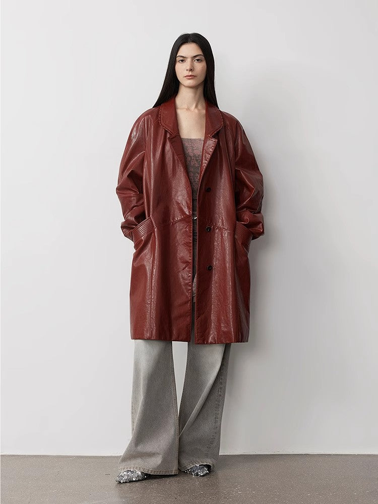 Sonorous Rose Vintage Imported Oil Waxed Goatskin Long Trench Coat PremiumStyle Co.,Limited